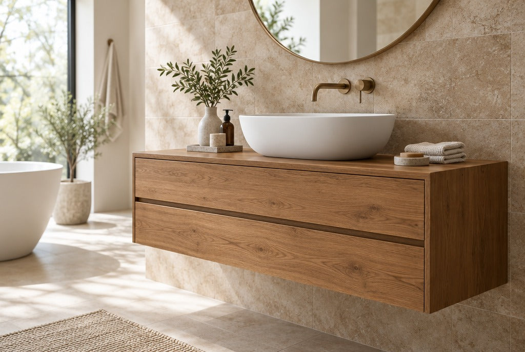 A solid wood floating bathroom vanity with drawers and a white vessel sink on a warm stone tile wall in a bright modern bathroom