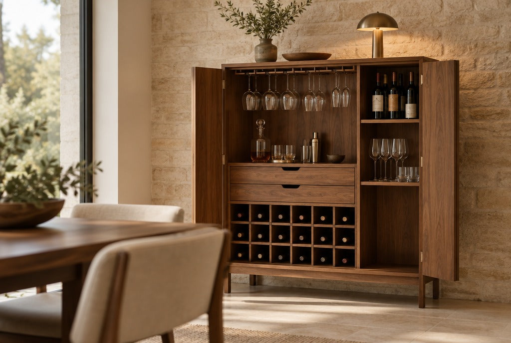 A solid wood bar cabinet with wine bottles and glassware in a modern dining room with a limestone wall and warm lighting