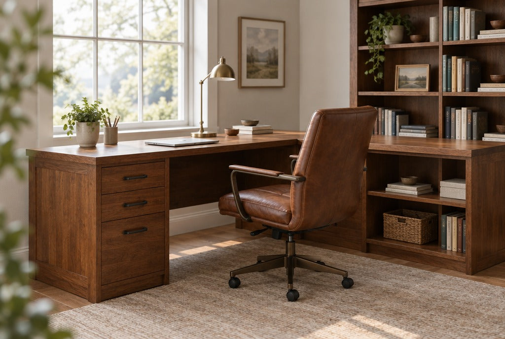 A solid wood L-shaped home office desk with drawers and a bookshelf in a bright study with a leather chair and a window