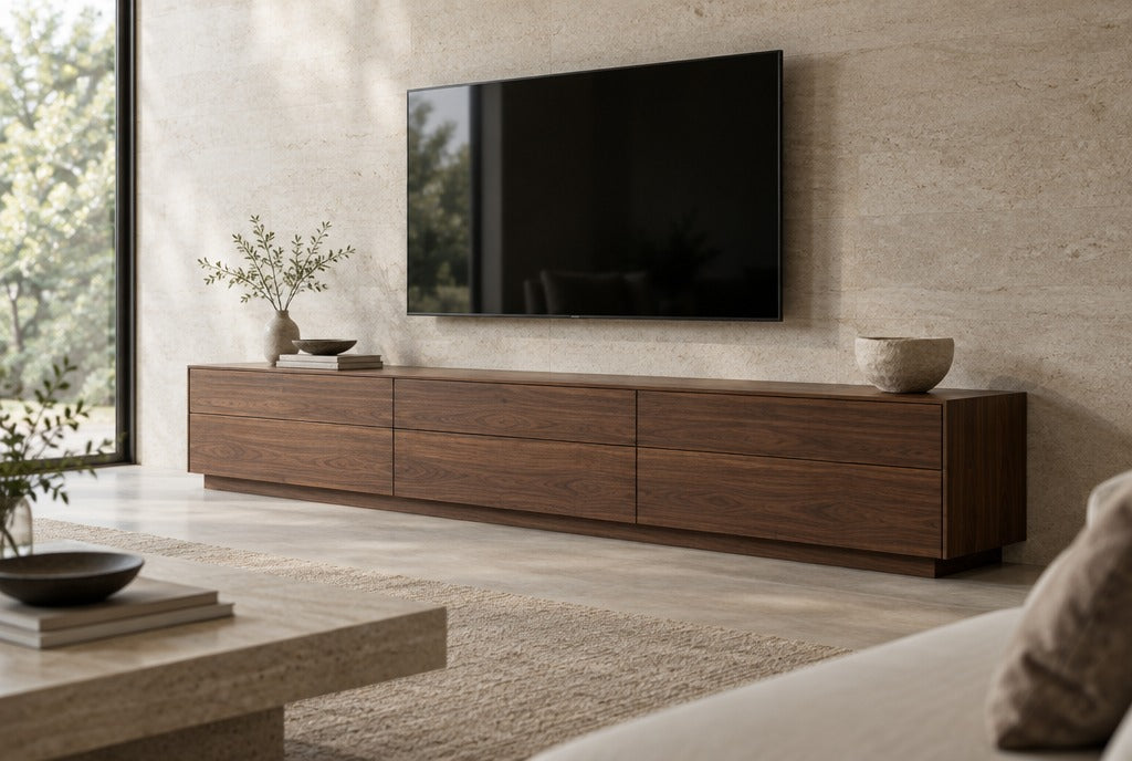 A long solid walnut TV console cabinet with drawers under a wall-mounted TV in a modern living room with a limestone wall