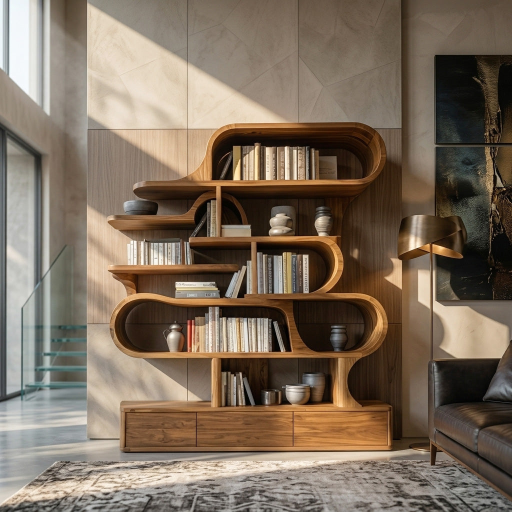 Modern Sculptural Bookshelf With Curved Design For Living Room Or Office