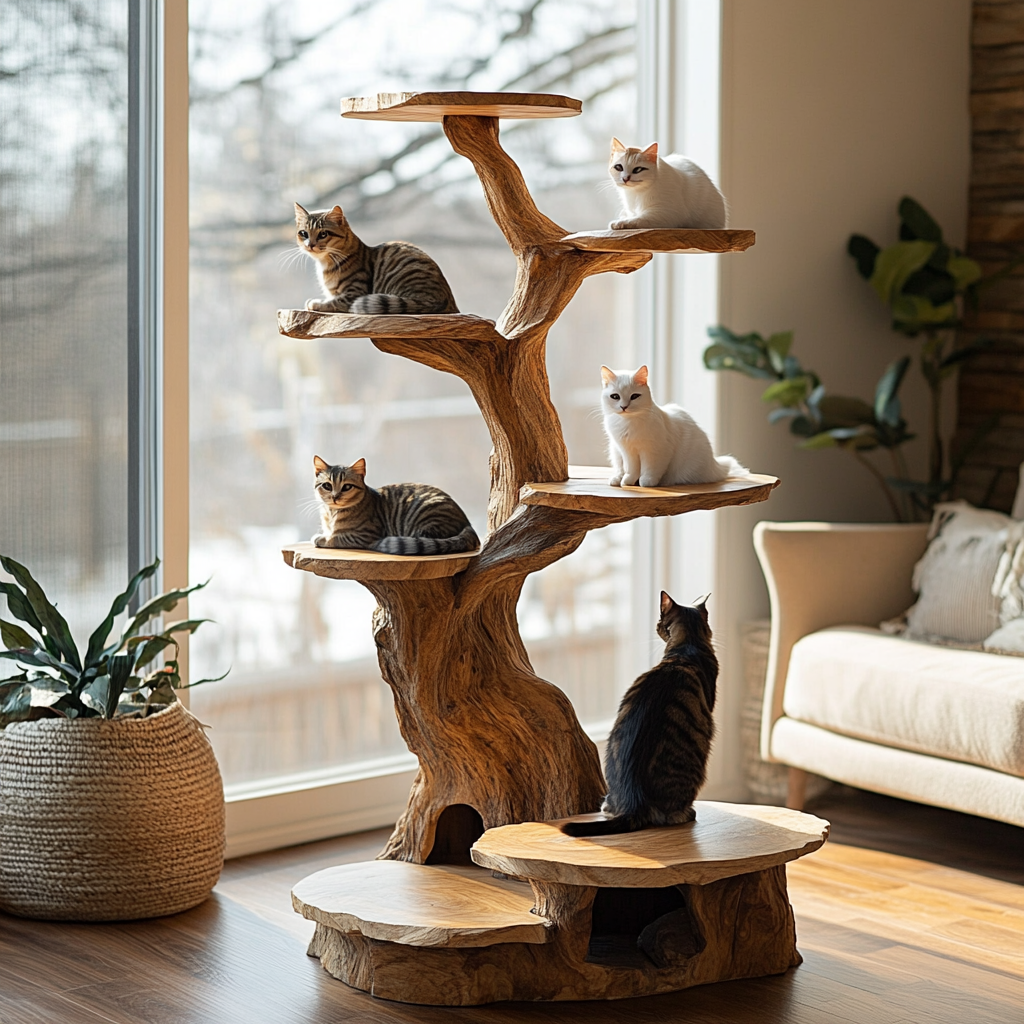 Branched Sculpted Solid Wood Tree-Inspired Cat Tree Shelf
