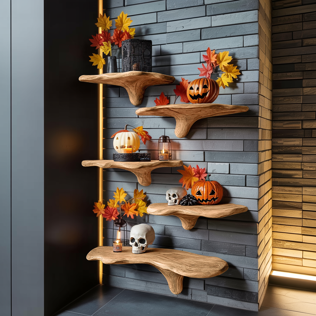 Mid Century Live Edge Mushroom Shelf Halloween Bedroom Styling