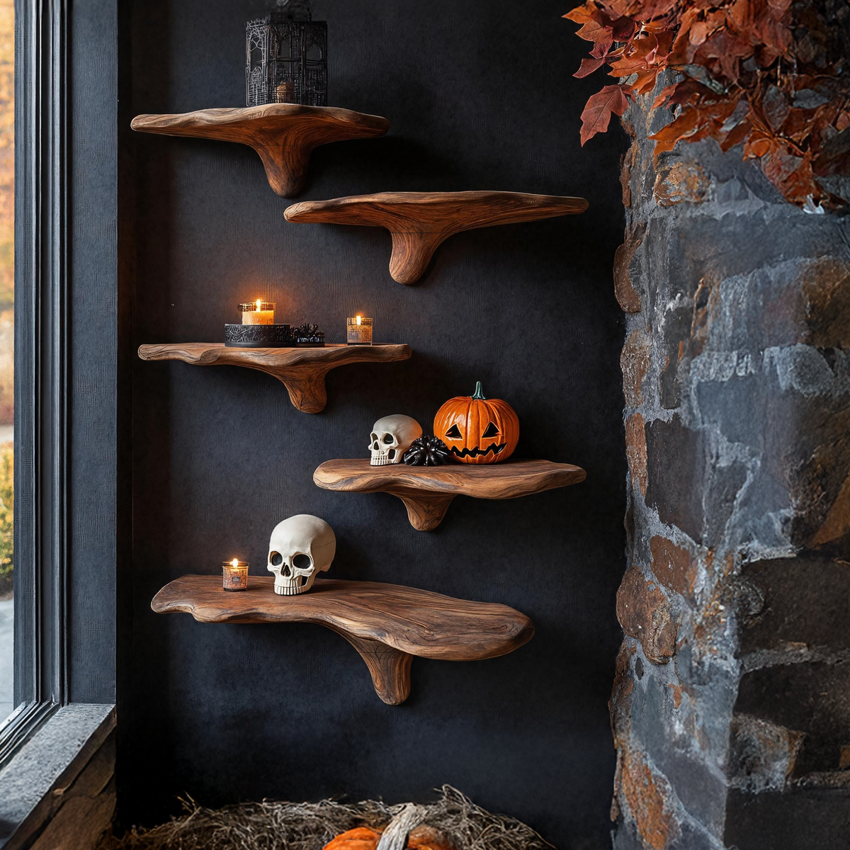 Mid Century Live Edge Mushroom Shelf Halloween Bedroom Styling