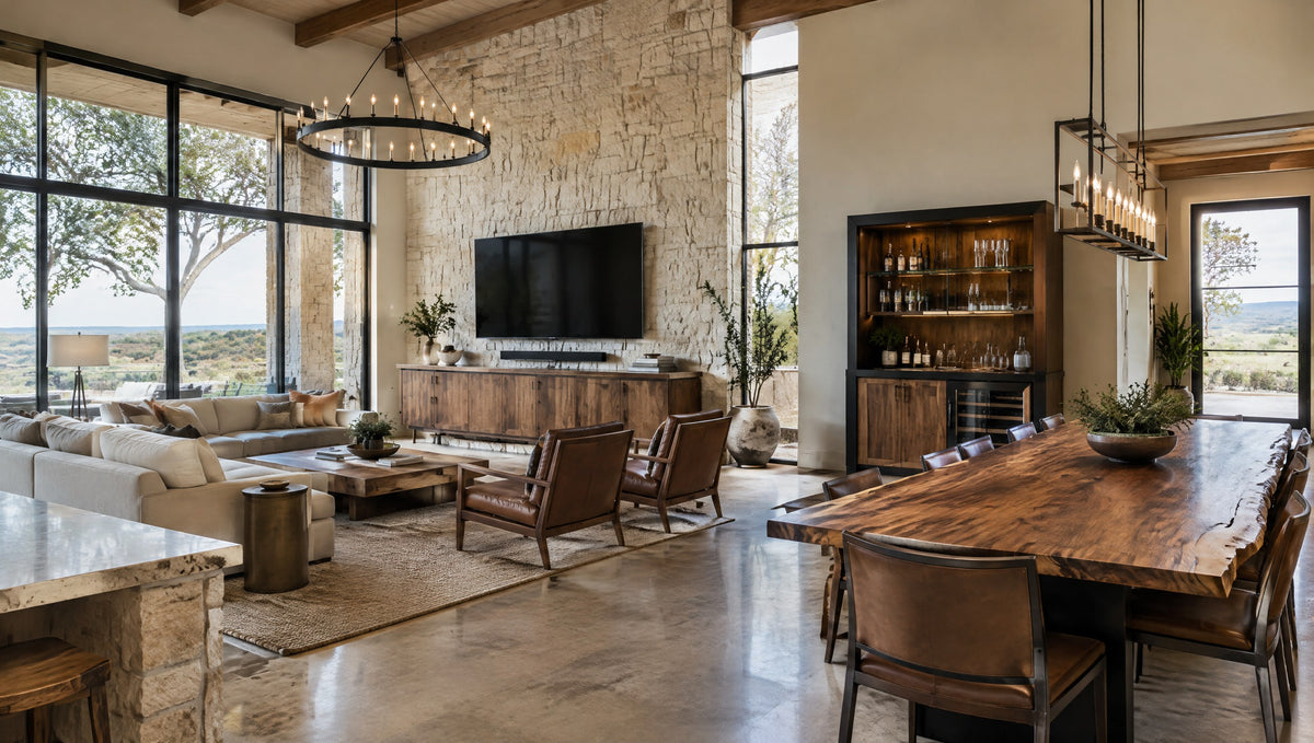 A modern Texas great room with a solid wood TV console, a bar cabinet and a live-edge dining table